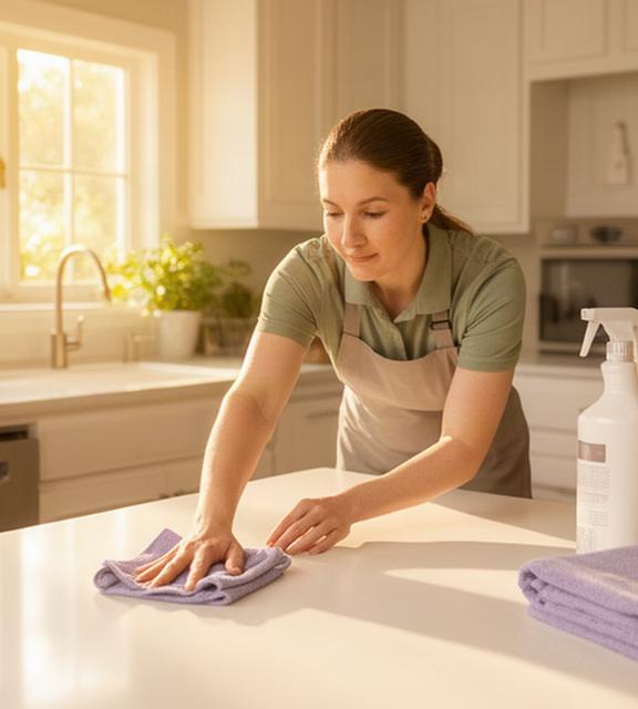 Cleaning team member wiping a kitchen counter in a sunlit Scarsdale home