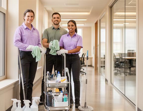 Commercial cleaning team preparing supplies beside a serviced office corridor in Scarsdale