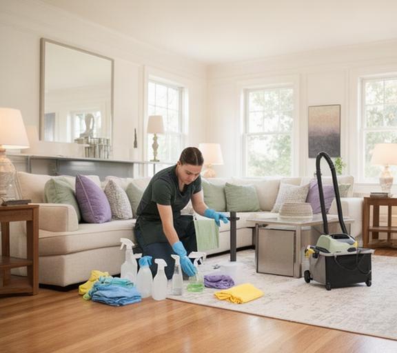 Cleaner preparing a bright Scarsdale apartment living room near Heathcote Road