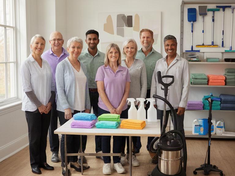Cooper Pro Clean cleaning team standing together with organized supplies in their Scarsdale office