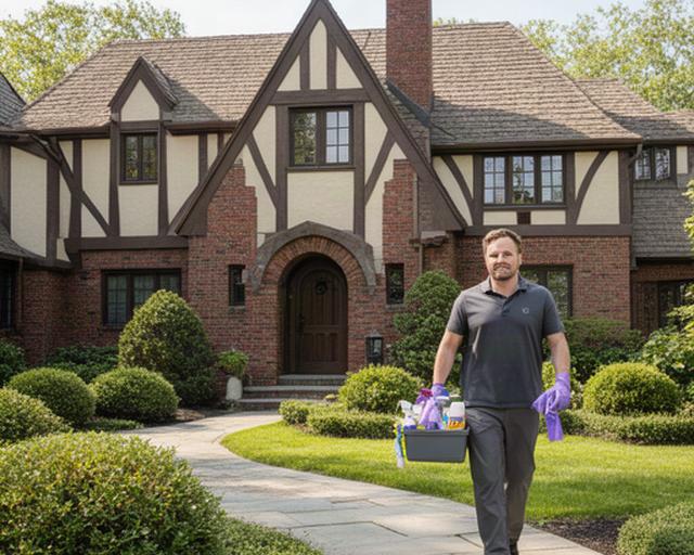 Professional cleaner carrying supplies outside a Tudor home in Scarsdale, New York