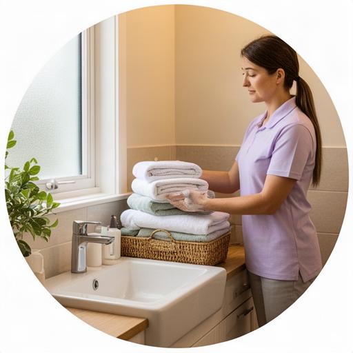 Trusted cleaning professional arranging folded towels in a quiet suburban bathroom