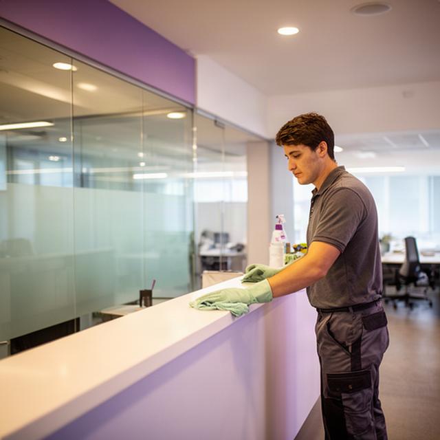 Cleaning professional disinfecting a bright modern office reception area after business hours
